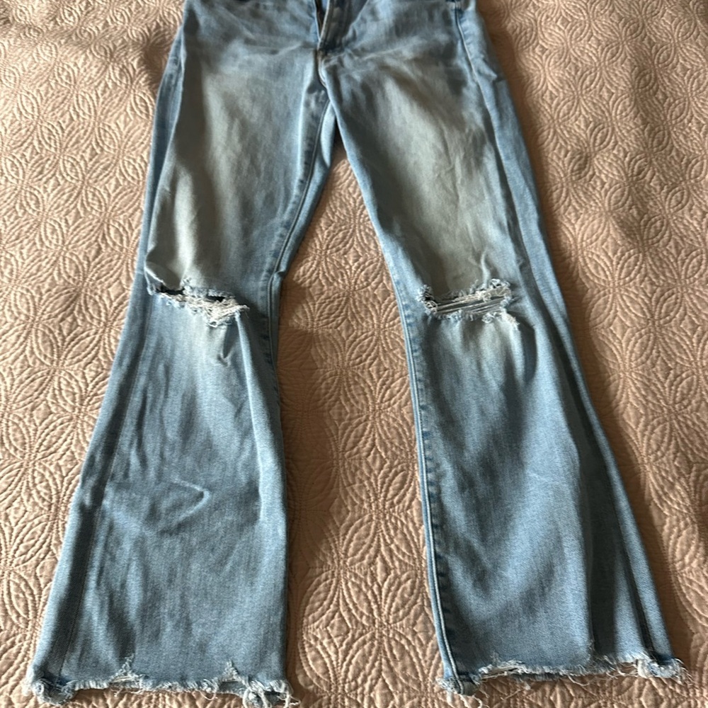 MOTHER Blue Flare & Wide Leg Jeans with Distressed Knees